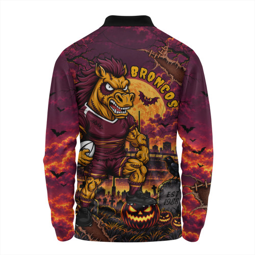 Brisbane Broncos Long Sleeve Polo Shirt Haunted Champion Rising From The Halloween Graveyard