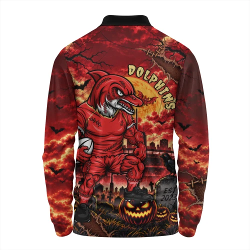 Redcliffe Dolphins Long Sleeve Polo Shirt Haunted Champion Rising From The Halloween Graveyard