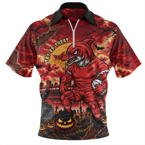 Redcliffe Dolphins Zip Polo Shirt Haunted Champion Rising From The Halloween Graveyard