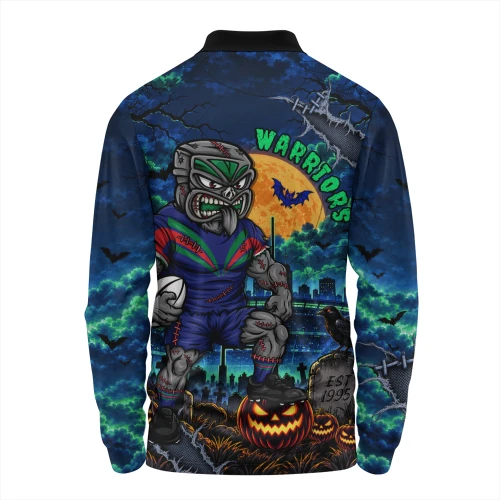 New Zealand Warriors Long Sleeve Polo Shirt Haunted Champion Rising From The Halloween Graveyard