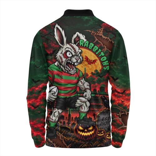 South Sydney Rabbitohs Long Sleeve Polo Shirt Haunted Champion Rising From The Halloween Graveyard