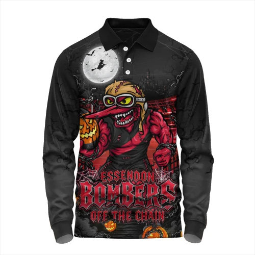 Essendon Long Sleeve Polo Shirt Off The Chain Strength Halloween Beast Rising Unleashed Fury