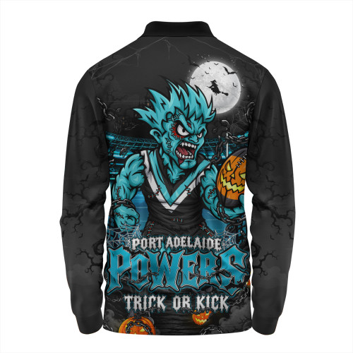 Port Adelaide Long Sleeve Polo Shirt Off The Chain Strength Halloween Beast Rising Unleashed Fury