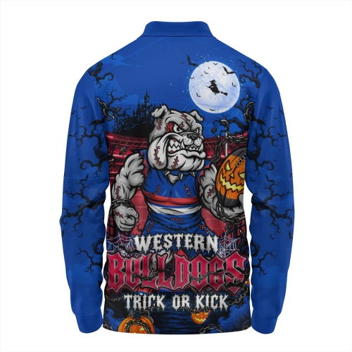 Western Bulldogs Long Sleeve Polo Shirt Off The Chain Strength Halloween Beast Rising Unleashed Fury