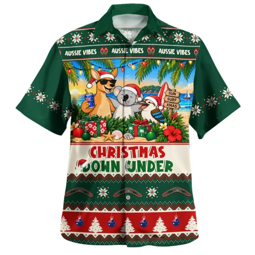 Australia Hawaiian Shirt Christmas Down Under Sun Surf And Festive Cheer