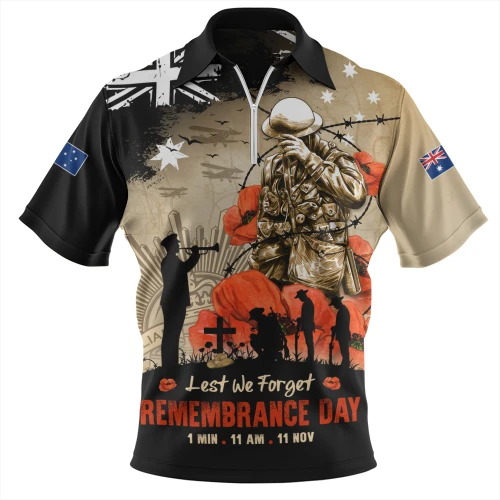 Australia Zip Polo Shirt Remembrance Day Fallen Soldiers Eternal Memory Tribute