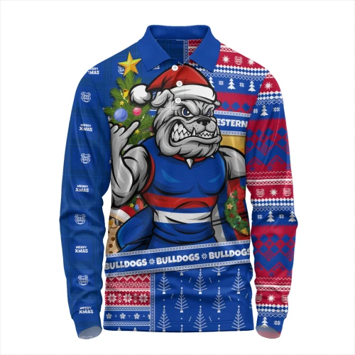 Western Bulldogs Long Sleeve Polo Shirt Santa Surfing Down Under Christmas Footy