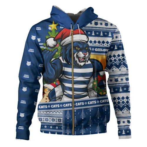 Geelong Cats Hoodie Santa Surfing Down Under Christmas Footy