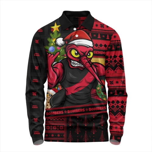 Essendon Long Sleeve Polo Shirt Santa Surfing Down Under Christmas Footy