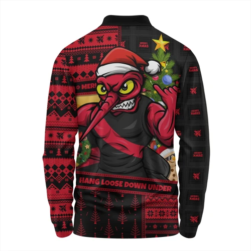 Essendon Long Sleeve Polo Shirt Santa Surfing Down Under Christmas Footy