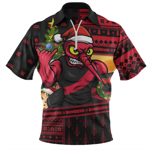 Essendon Zip Polo Shirt Santa Surfing Down Under Christmas Footy
