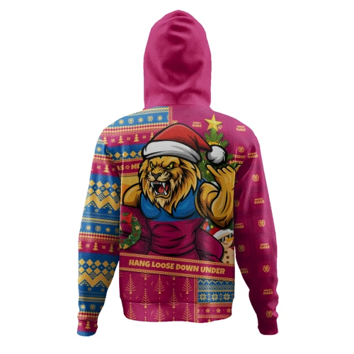 Brisbane Lions Hoodie Santa Surfing Down Under Christmas Footy