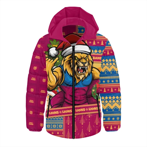 Brisbane Lions Hooded Padded Jacket Santa Surfing Down Under Christmas Footy