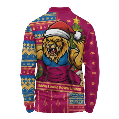 Brisbane Lions Long Sleeve Polo Shirt Santa Surfing Down Under Christmas Footy