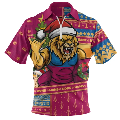 Brisbane Lions Zip Polo Shirt Santa Surfing Down Under Christmas Footy
