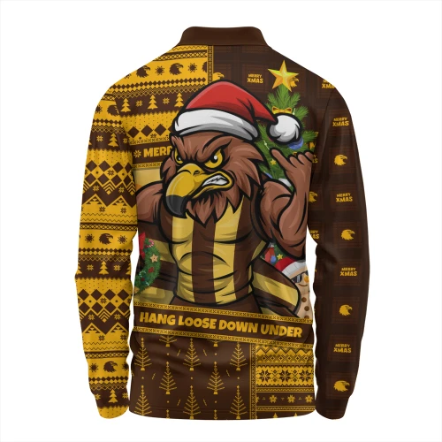 Hawthorn Long Sleeve Polo Shirt Santa Surfing Down Under Christmas Footy