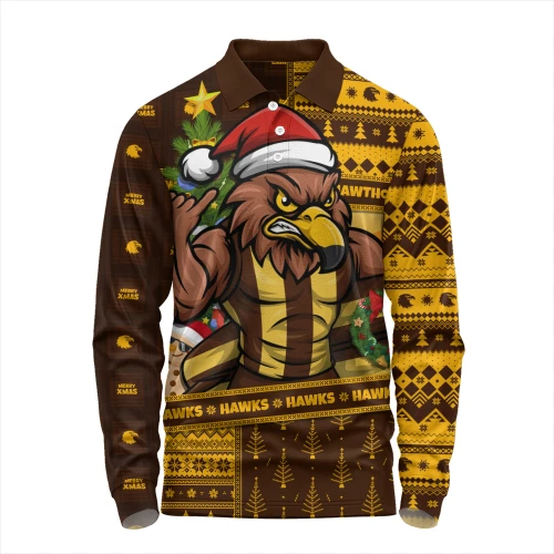 Hawthorn Long Sleeve Polo Shirt Santa Surfing Down Under Christmas Footy