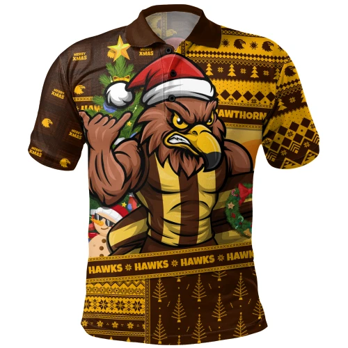 Hawthorn Polo Shirt Santa Surfing Down Under Christmas Footy