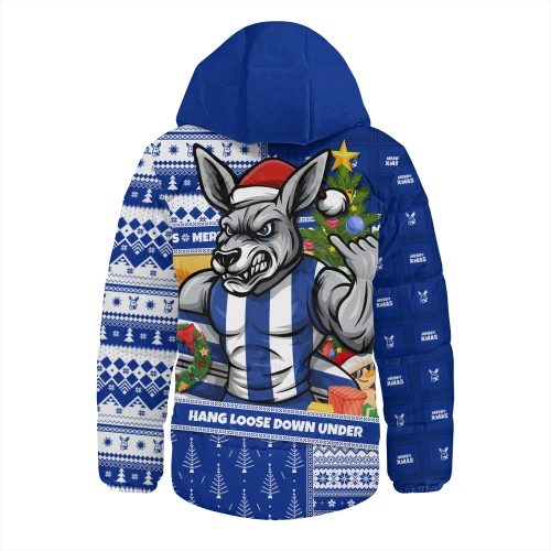 North Melbourne Hooded Padded Jacket Santa Surfing Down Under Christmas Footy