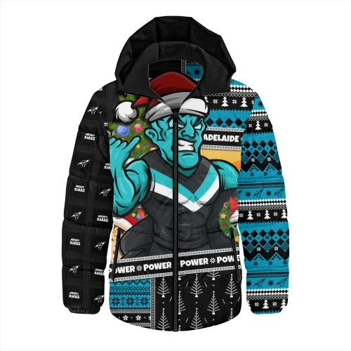 Port Adelaide Hooded Padded Jacket Santa Surfing Down Under Christmas Footy