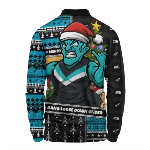 Port Adelaide Long Sleeve Polo Shirt Santa Surfing Down Under Christmas Footy