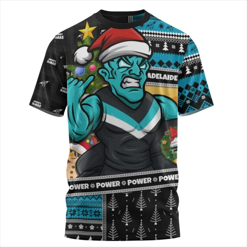 Port Adelaide T-Shirt Santa Surfing Down Under Christmas Footy
