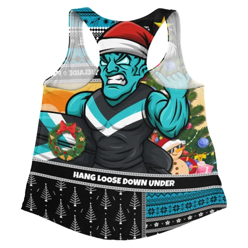 Port Adelaide Women Racerback Tank Santa Surfing Down Under Christmas Footy