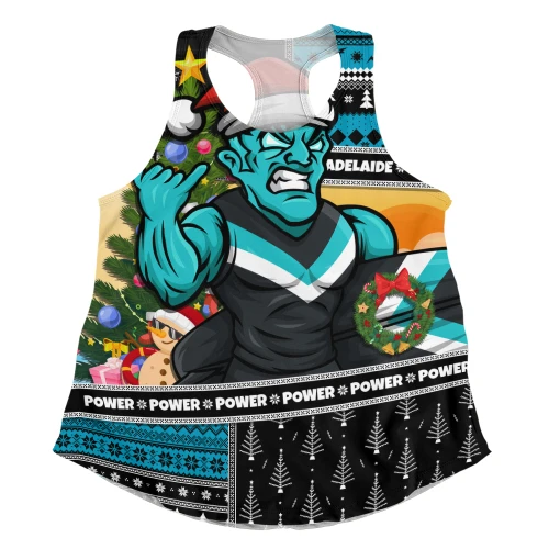 Port Adelaide Women Racerback Tank Santa Surfing Down Under Christmas Footy