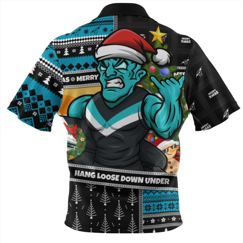 Port Adelaide Zip Polo Shirt Santa Surfing Down Under Christmas Footy
