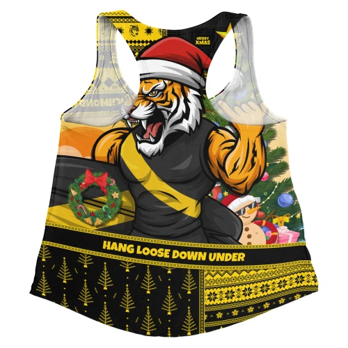 Richmond Women Racerback Tank Santa Surfing Down Under Christmas Footy