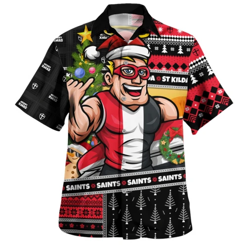 St Kilda Hawaiian Shirt Santa Surfing Down Under Christmas Footy