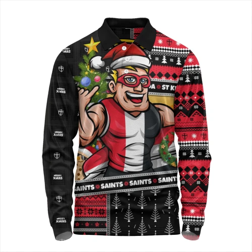 St Kilda Long Sleeve Polo Shirt Santa Surfing Down Under Christmas Footy