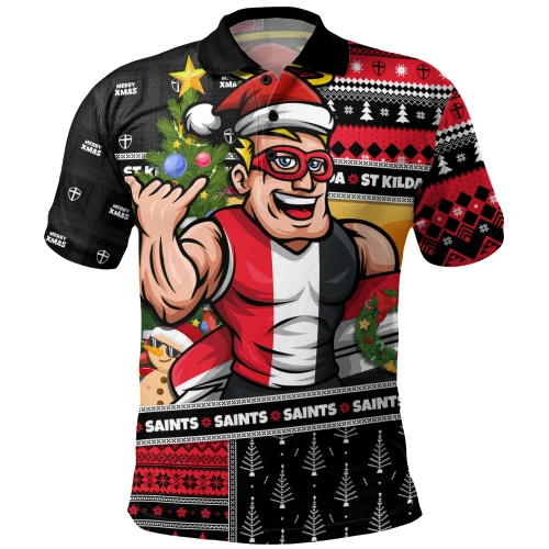 St Kilda Polo Shirt Santa Surfing Down Under Christmas Footy