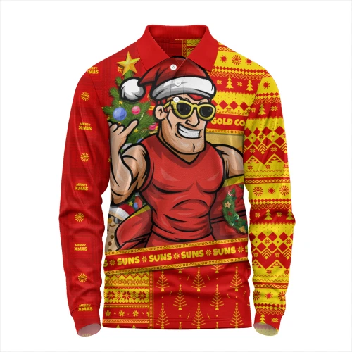 Gold Coast SUNS Long Sleeve Polo Shirt Santa Surfing Down Under Christmas Footy