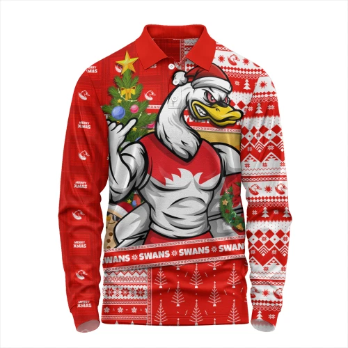 Sydney Swans Long Sleeve Polo Shirt Santa Surfing Down Under Christmas Footy