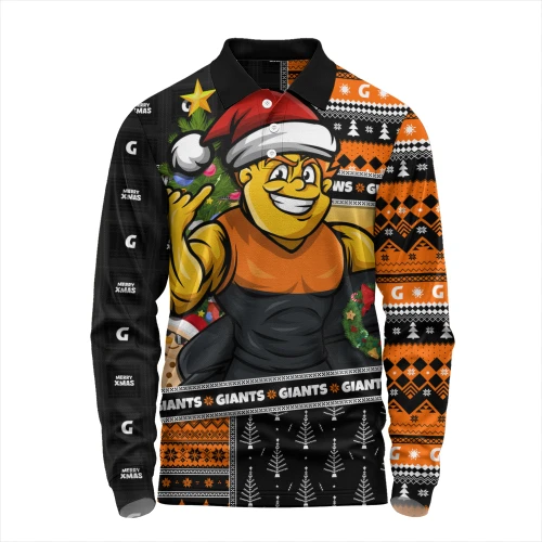 GWS GIANTS Long Sleeve Polo Shirt Santa Surfing Down Under Christmas Footy