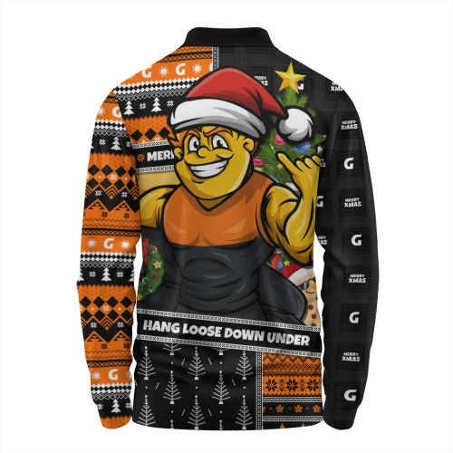 GWS GIANTS Long Sleeve Polo Shirt Santa Surfing Down Under Christmas Footy