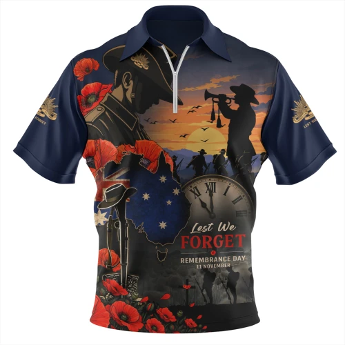 Australia Zip Polo Shirt Poppy Fields Remembrance Day Fallen Soldiers Memorial