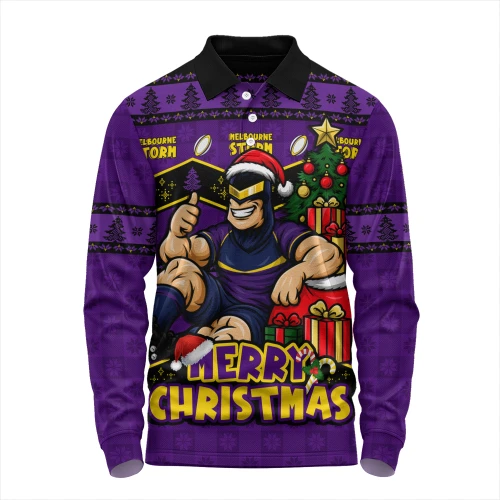 Melbourne Storm Long Sleeve Polo Shirt Christmas Glory And Timeless Team Pride