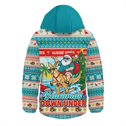 Australia Hooded Padded Jacket Santa And Roo Christmas Surfing Beachmas Down Under