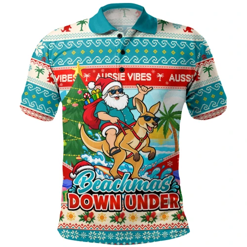 Australia Polo Shirt Santa And Roo Christmas Surfing Beachmas Down Under