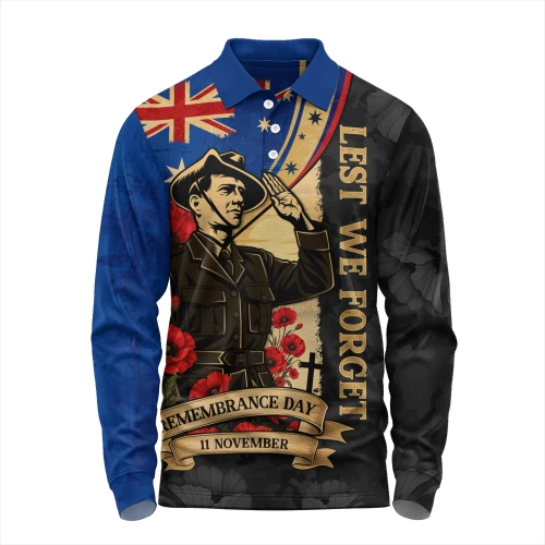 Australia Long Sleeve Polo Shirt November Honour Remembrance Day Poppy Soldier Memory