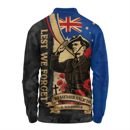 Australia Long Sleeve Polo Shirt November Honour Remembrance Day Poppy Soldier Memory