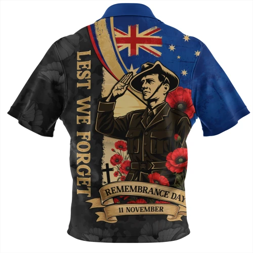 Australia Zip Polo Shirt November Honour Remembrance Day Poppy Soldier Memory