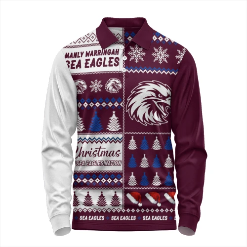 Manly Warringah Sea Eagles Long Sleeve Polo Shirt Merry Christmas In The Colours We Love