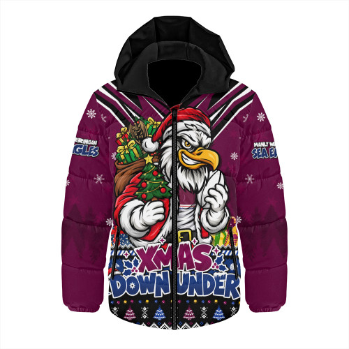 Manly Warringah Sea Eagles Hooded Padded Jacket Aussie Santa Christmas Joy For Festive Celebrations