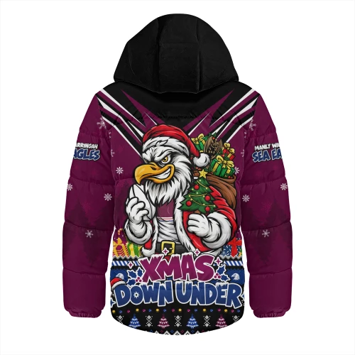 Manly Warringah Sea Eagles Hooded Padded Jacket Aussie Santa Christmas Joy For Festive Celebrations