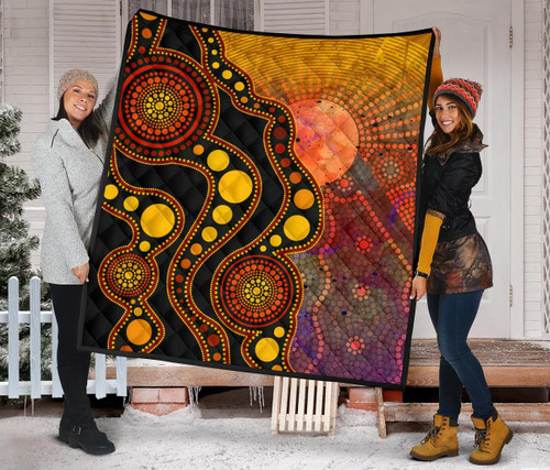 Australia Aboriginal Quilt - Australia Indigenous Flag Circle Dot Painting Art (Golden) Australia Aboriginal Quilt - Australia Indigenous Flag Circle Dot Painting Art (Golden)