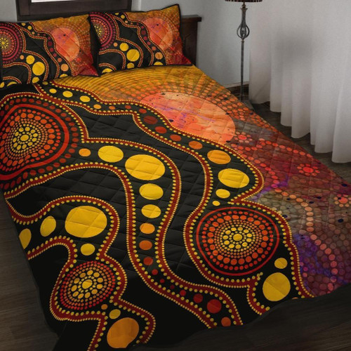 Australia Aboriginal Quilt Bed Set - Australia Indigenous Flag Circle Dot Painting Art (Golden)