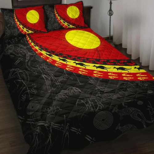 Australia Aboriginal Quilt Bed Set - Indigenous Flag Circle Dot Painting